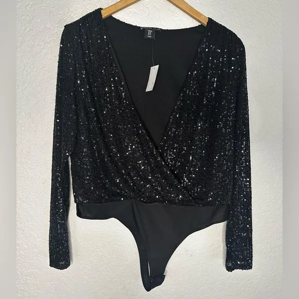 NEW Sincerely Jules Black Sequin Wrap Bodysuit Sexy Cocktail Party Date Night - Image 2