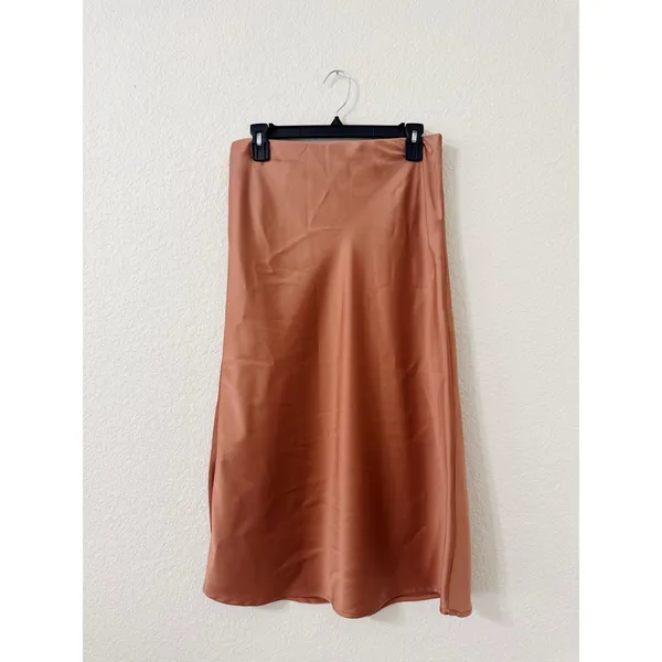 Rachel Zoe Satin Slip Midi Skirt Size 6 Bronze Copper Bias Cut - Image 2
