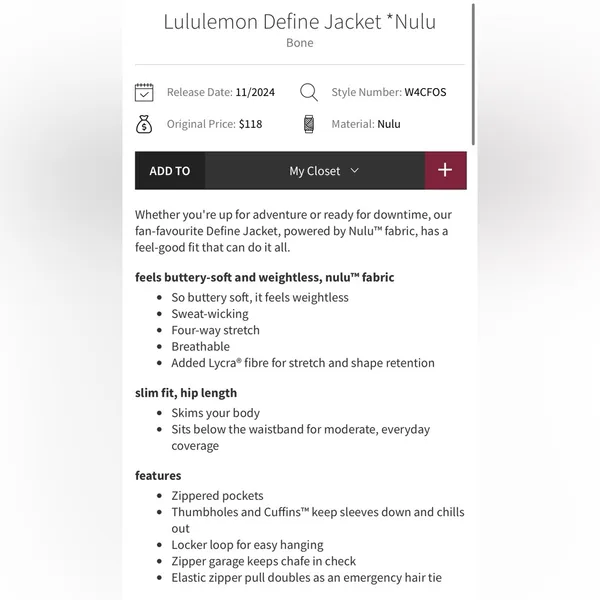 Lululemon NWT Define Jacket Nulu in Bone Color Size 10 Full Zipper - Image 9