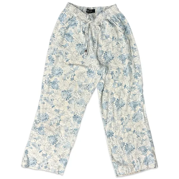 Beau Dawson Blue White Floral Linen Blend Wide Leg Tie Front Pants size L 10 12 - Image 2