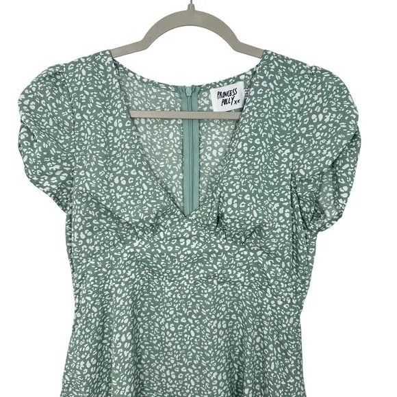 Princess Polly Green White Floral Print V‎ Neck Puff Sleeve Mini Dress Size 4 - Image 5