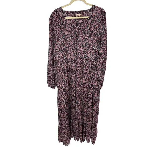 Faherty Isabella Tiered Midi Maxi Dress XL Dark Paisley Floral Long Sleeve Boho - Image 4