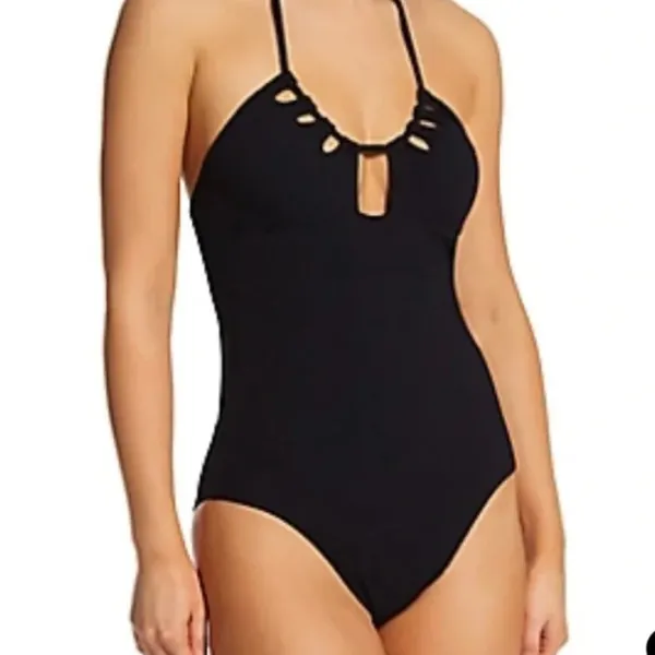 BECCA Pucker Up Candice Large Green Textured Halter‎ Cut Out One Piece Swimsuit - Image 7