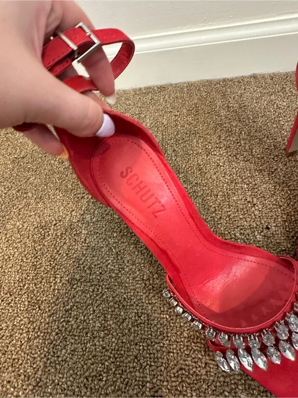 Schutz Red Embellished High Heels Strappy Square Toe Size 7.5 Women's - Image 6