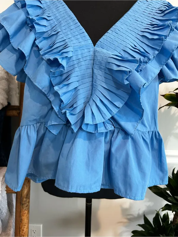 entro Sky Blue Pleated Ruffle V-Neck Blouse - Image 3