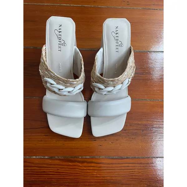 Naked Feet Propriety Raffia Chain Block Heel Sandals Womens 7.5 Ivory - Image 2