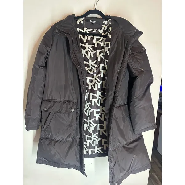 DKNY Vintage Womens Black Faux Fur Hooded Puffer Coat Jacket Size L Y2K Winter - Image 3