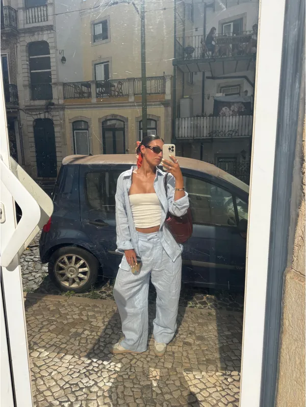 100% Linen Baby Blue Wide Leg Trousers - Image 4