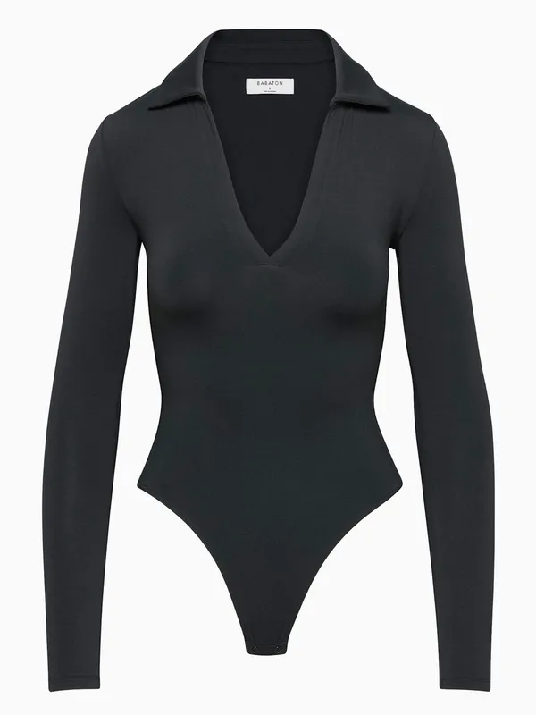 Aritzia Babaton Contour Polo Long Sleeve Bodysuit Black XS Double Layer - Image 4