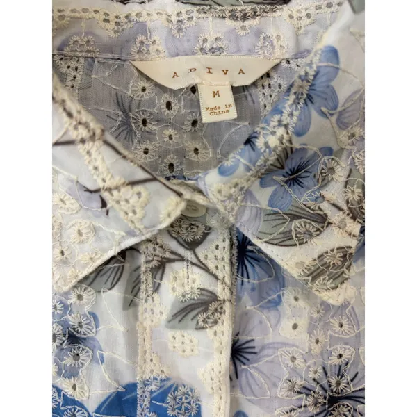 Adiva Button Front Blouse Medium Blue Floral Sheer Long Sleeve Shirt Top - Image 3