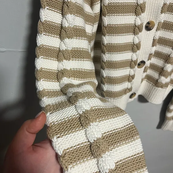 Ann Taylor Beige and White Striped Cardigan - Image 3