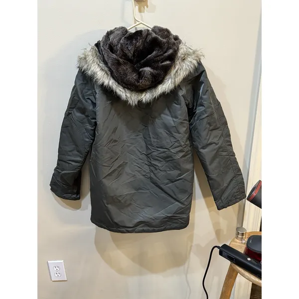 POP ENGLAND Winter Fur Hood Green Zip Up‎ Jacket Coat Women's Size XS - Image 3