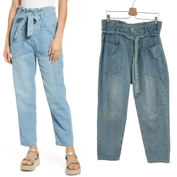 Free People Belted Denim Utility‎ Pants In Blue Haze Denim Chambray Size 30 - Image 2