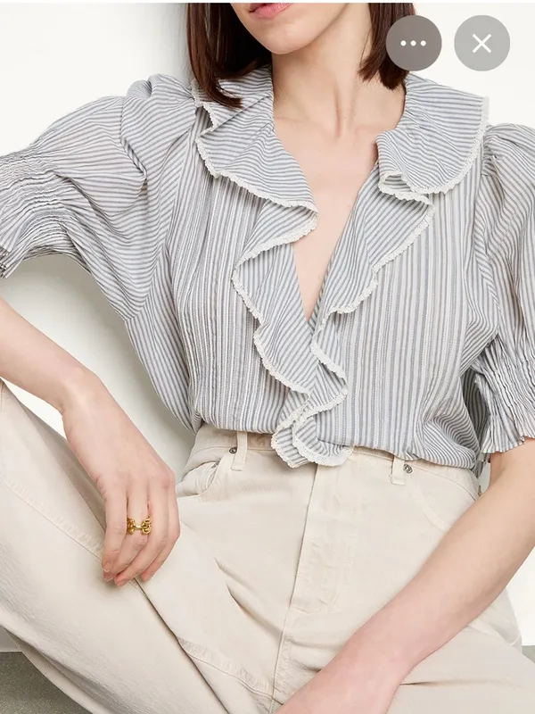 Ralph Lauren Jeans Company Cotton Striped Ruffle Blue White Blouse Medium - Image 11