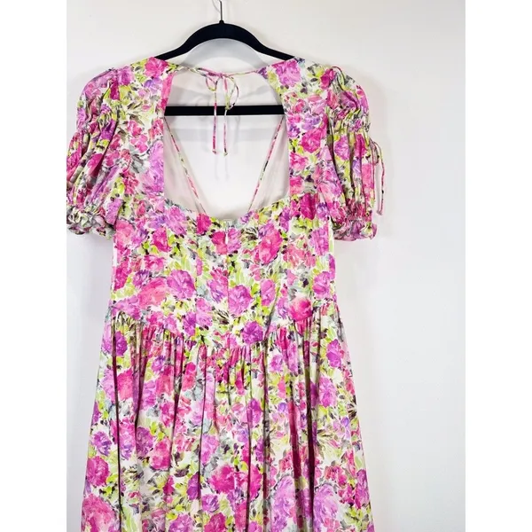 For Love & Lemons Mini Dress Paulina Silk Floral Corset Puffed Coquette Medium - Image 9