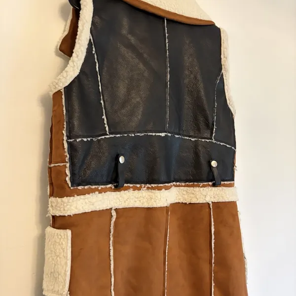 Paparazzi by Biz Sherpa Long Shearling Faux Suede Zip Vest Boho Western‎ S - Image 4
