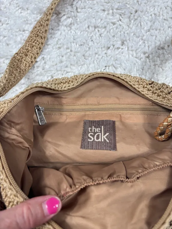The Sak Tan Crochet Knit Boho Shoulder Bag Zip Top Beige Hobo Purse Lined - Image 3