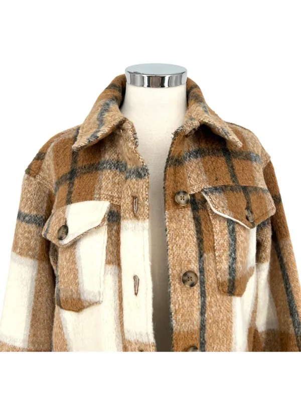 Avec Les Filles Plaid Shacket Jacket Button-Up Brown Cream Size Small Cabincore - Image 2