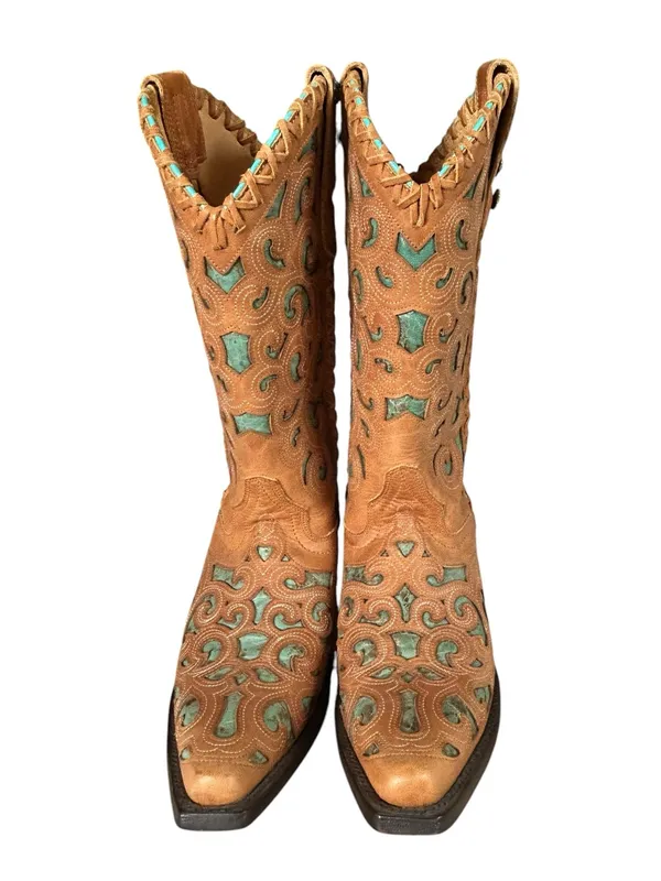 J.B. Dillon Turquoise Leather Cutout Pointed Toe boots Western Coastal Cowgirl 7 - Image 9