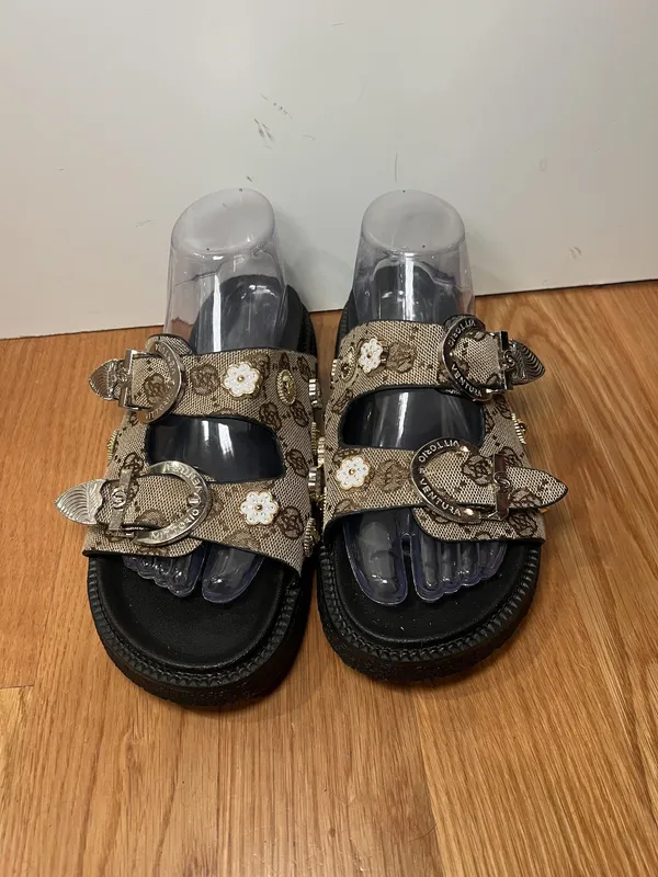 Jin Duo Sandals Womens Size 10 Brown Floral Buckle Slide Platform Shoes - Image 2
