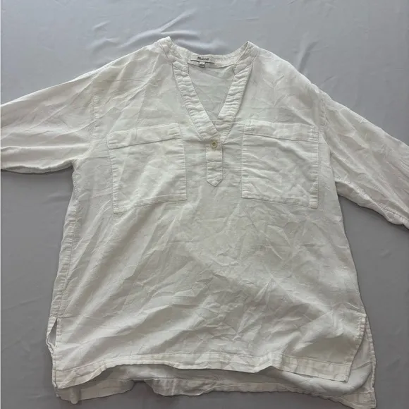 Madwell Womens White Cotton Gauze V-Neck‎ Button Tunic Top Small - Image 2