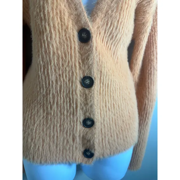 Lush Apricot Orange Eyelash Knit Fuzzy V-Neck Button Cardigan Size L - Image 4