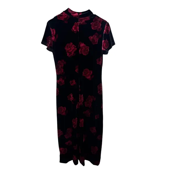 Vintage Black Velvet Red Rose Floral Maxi Dress Mandarin Collar 90s Goth Dress - Image 5