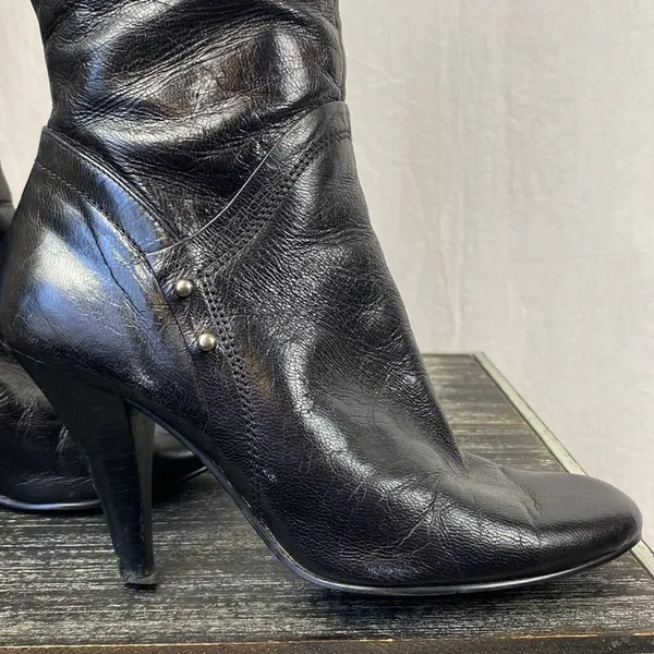 Nine West Black Leather Side Zip Heel Knee High Boots 7.5 - Image 2