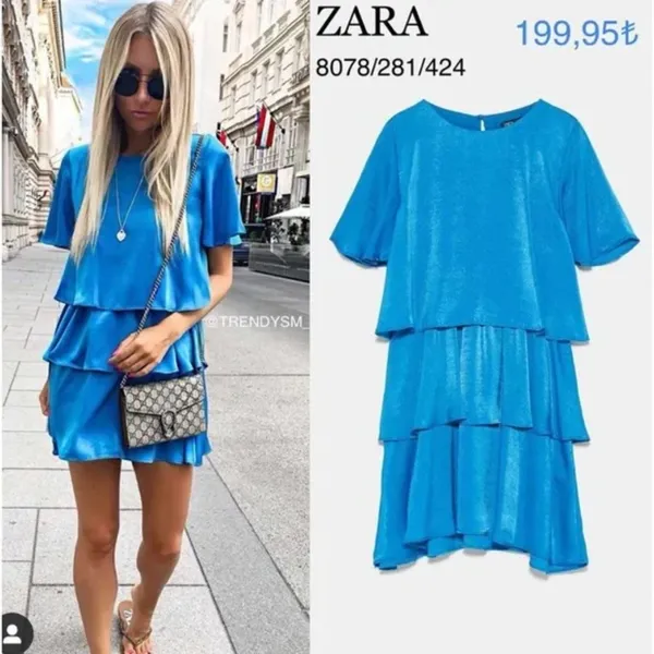 Zara Turquoise Blue NWT Ruffled Satin Effect Mini Dress - Image 4
