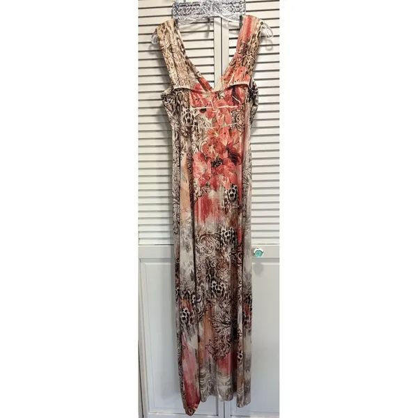 Fresh Of LA Floral/Paisley/Cheetah Maxi Dress Size L Pleated, V Neck Wide Straps - Image 5