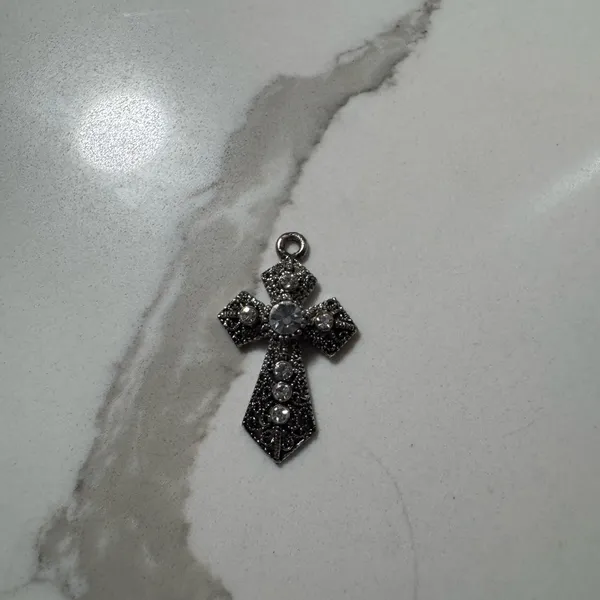 Silver-Tone Crystal Cross Pendant - Clear Stones - Image 2