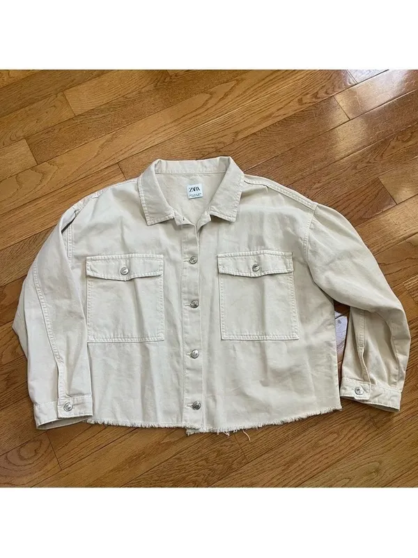 ZARA Cream Beige Cropped Frayed Hem Denim Cotton Jacket Utility Casual Boxy XL - Image 6