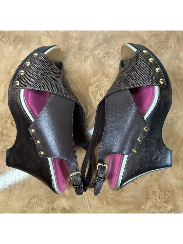 Lilly Pulitzer Callie Brown Leather Studded Wood Platform Wedge Sandals 8M - Image 4