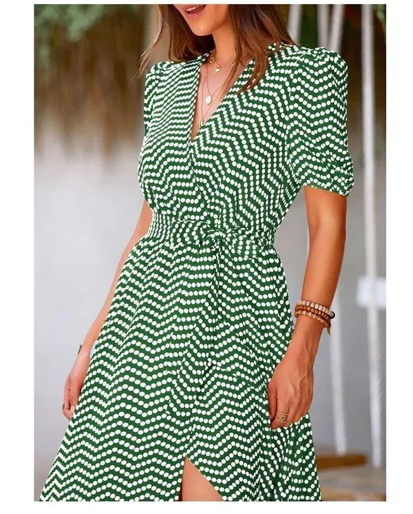 NEW Green Wrap Belted Short Sleeve Ruffle Hem Split Maxi Dress L - Image 6