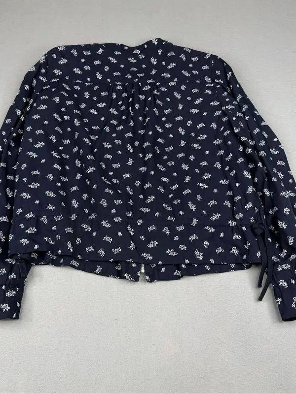 LOFT Navy Floral Zip Front Peplum Jacket Blouse Tie Waist Lined Medium - Image 5