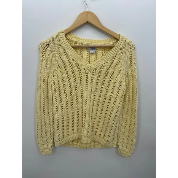 Eddie Bauer Womens S Butter Yellow Open Knit V Neck Sweater Coastal Pointelle - Image 2