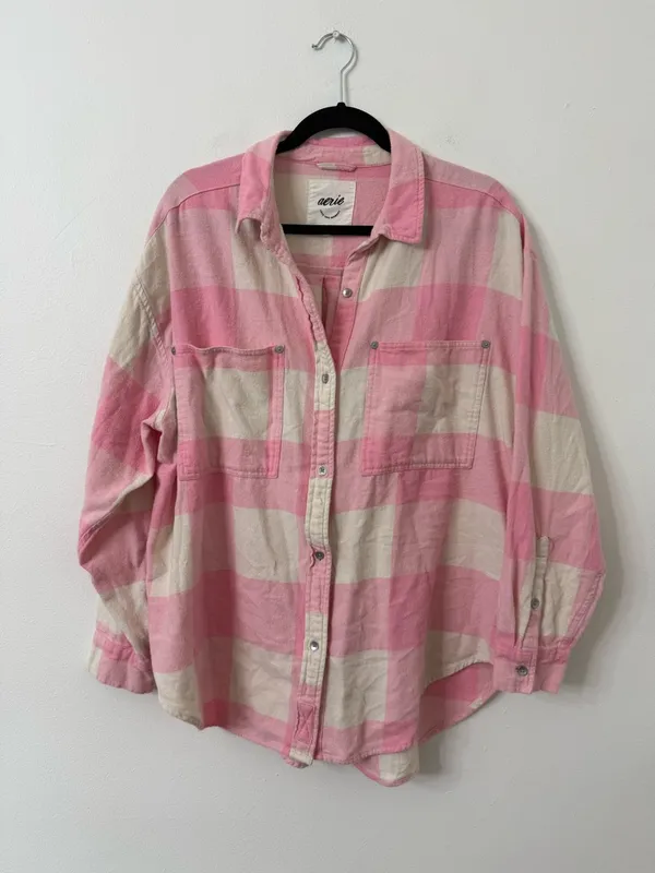 {M} aerie oversized Pink and Cream anytime fave flannel shirt - Image 3