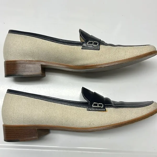 Brooks Brothers Beige Navy Twill and Leather Classic Slip-On Loafers- Size 8 - Image 12