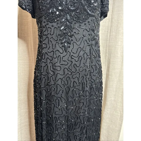 Vintage 90s Papell Boutique Black silk floral beaded sequin gown black tie Sz 14 - Image 3