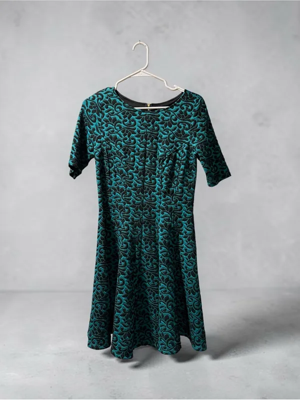 Danny & Nicole Teal and Black Damask Fit-and-Flare Dress - Image 2