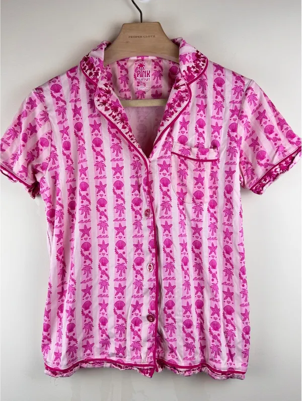 Pink Palm Puff Blush Bay Pajama Set Pink Supima Cotton Shorts Top XL - Image 4