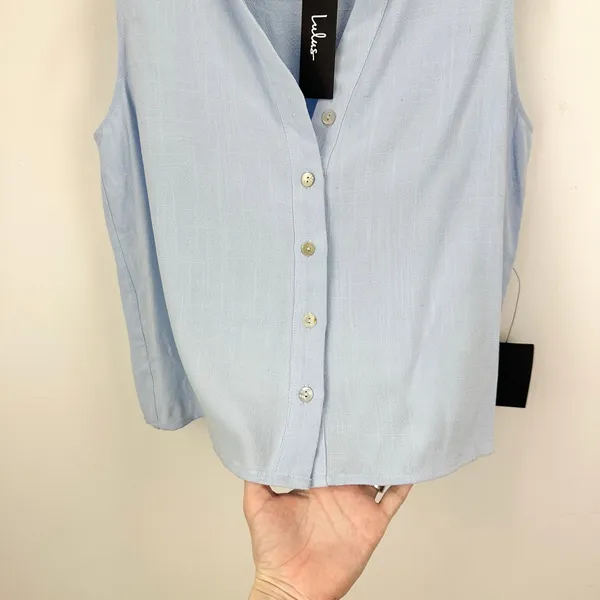Lulus Casual Contentment Light Blue Linen Button-Up Collared Tank Top Medium NWT - Image 6