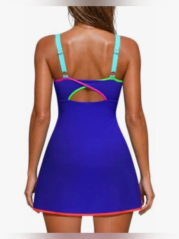 RIHOAS Royal Blue Swimdress with Neon Pink & Lime Trim - Image 2