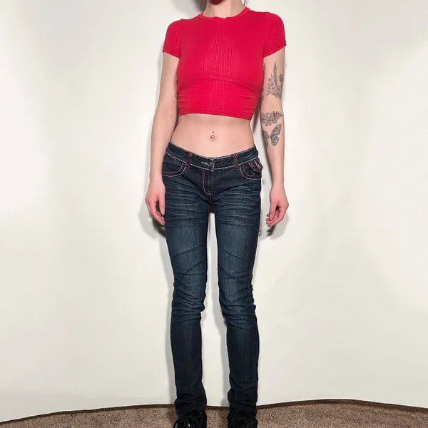 Silver Diva Y2K Red Cross Rhinestone Low Rise Jeans - Image 2