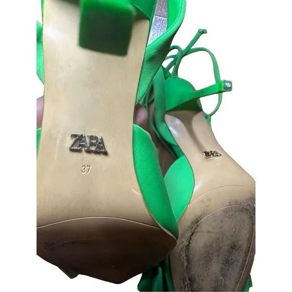 Zara Green Slingback High Heel Shoes With Bow‎ Sz 37 / 6.5 - Image 9