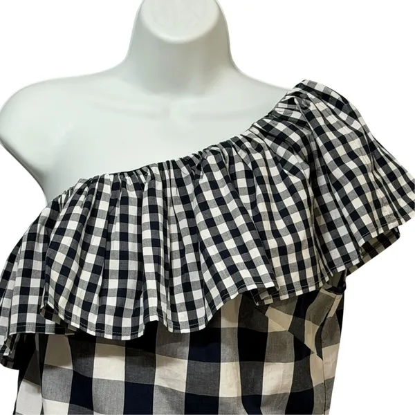 J.Crew Womens One Shoulder Ruffle Gingham Top Navy Blue White AZ102 Size 4 NWT - Image 4