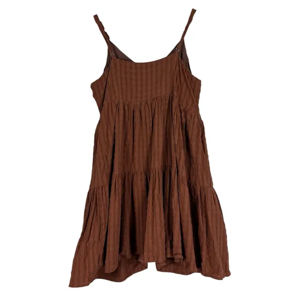 Newbury Kustom Seersucker Tiered Mini Dress Brown Cottagecore Earthy Size S - Image 4