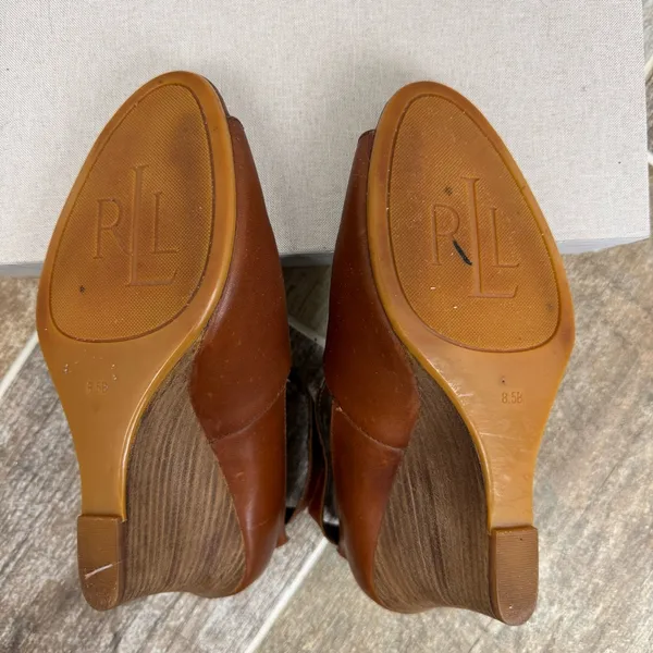 Ralph Lauren Hannie Brown‎ T Strap Peep Toe Wedge Sandals Leather Sz 8.5 - Image 4