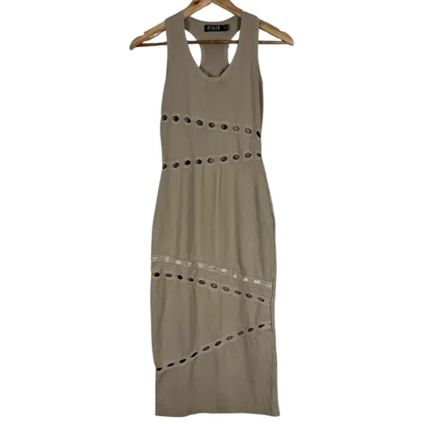 REHAB Ribbed Knit Eyelet Cutout Racerback Midi Bodycon Dress Tan Size M - Image 2