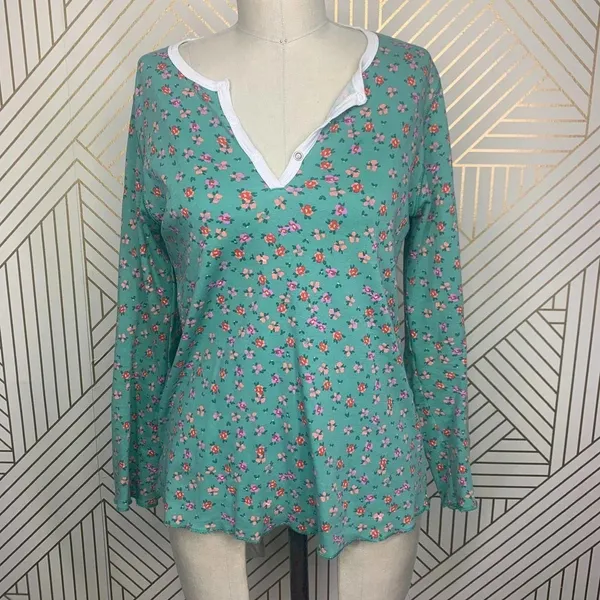 Anthropologie Roberta Roller Rabbit Blooms Pajama Top Tee Henley Floral Green Size US Small‎ - Image 4